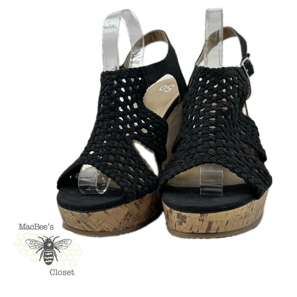 SO Taffy Wedge Heel Sandals Women's Woven Peep Toe With Cork Heel Size 8.5 Black - Picture 9 of 14